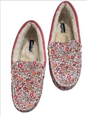 Lands' End Women's Flannel Moccasin Slippers Floral Ivory Pink Size 9B